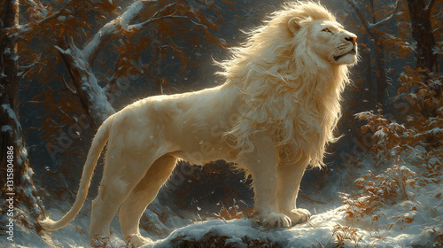
Majestic white lion standing in a snowy forest with golden sunlight streaming through