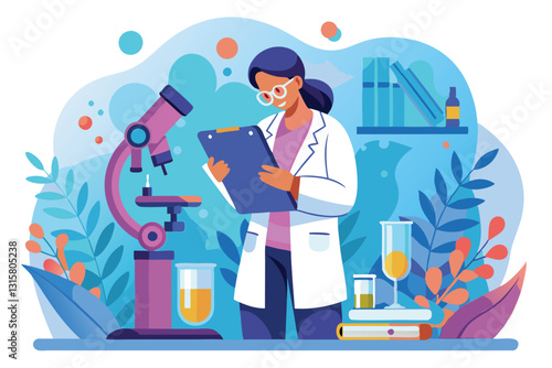 A scientist analyzes samples using a tablet next to a microscope in a modern laboratory setting, Scientist with a tablet by a microscope, abstract, represents research,