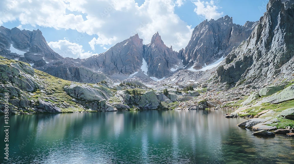 Majestic Mountain Landscape with Reflective Lake and Dramatic Cloudy Sky in Wilderness Majestic Mountain Landscape with Reflective Lake and Dramatic Cloudy Sky in Wilderness