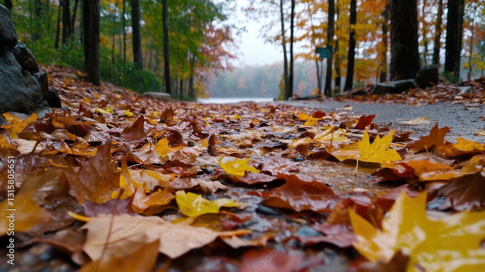 Immerse yourself in the serene beauty of autumn with this captivating image showcasing fallen leaves in deep reds and oranges scattered on a foggy forest path, dreamy and atmospheric Discover the Immerse yourself in the serene beauty of autumn with this captivating image showcasing fallen leaves in deep reds and oranges scattered on a foggy forest path, dreamy and atmospheric Discover the