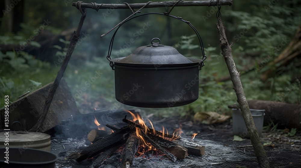 Forest Campfire Cooking: Rustic Pot Above Flames. Forest Campfire Cooking: Rustic Pot Above Flames.