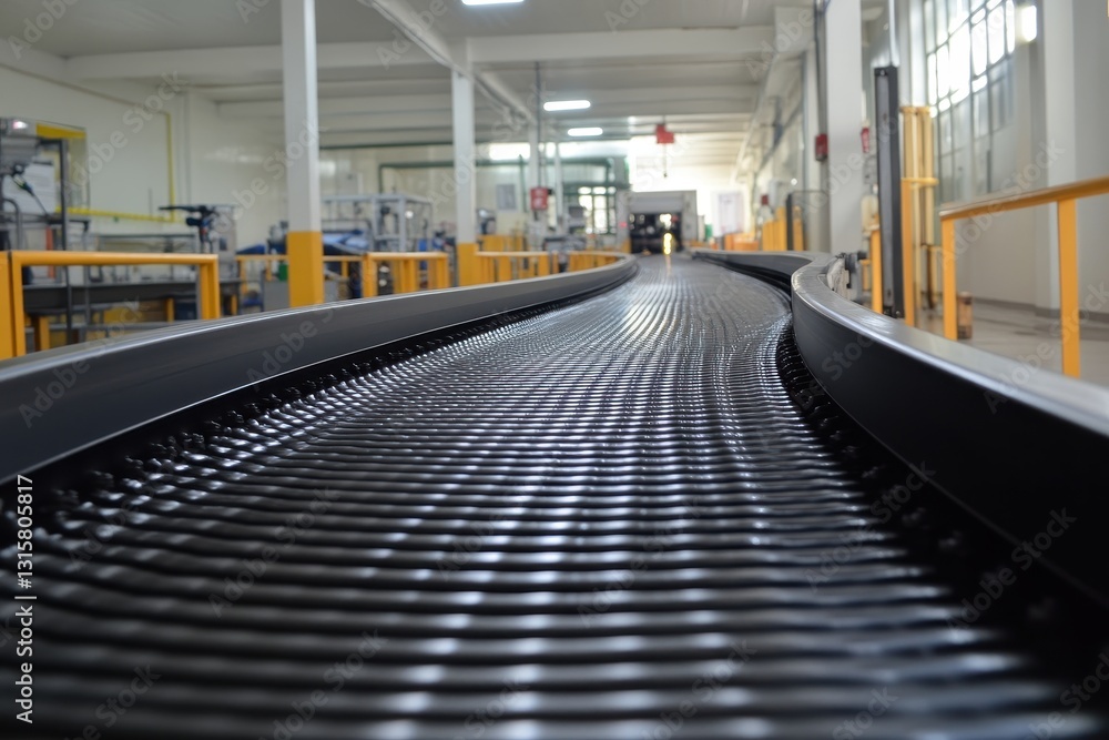 Fototapeta premium Curved conveyor belt in modern factory setting. Shows efficient automated industrial process.