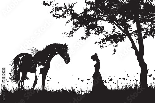 Vector silhouette of woman with her horse in park