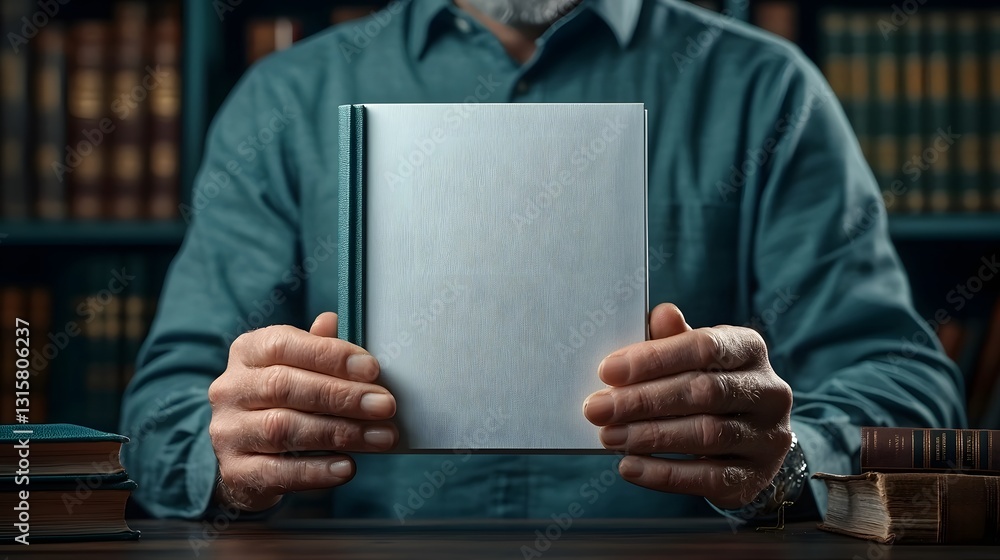 Blank Book Mockup Held by Person Standing in Front of Bookshelf Composition Leaves Room for Copy Space Blank Book Mockup Held by Person Standing in Front of Bookshelf Composition Leaves Room for Copy Space
