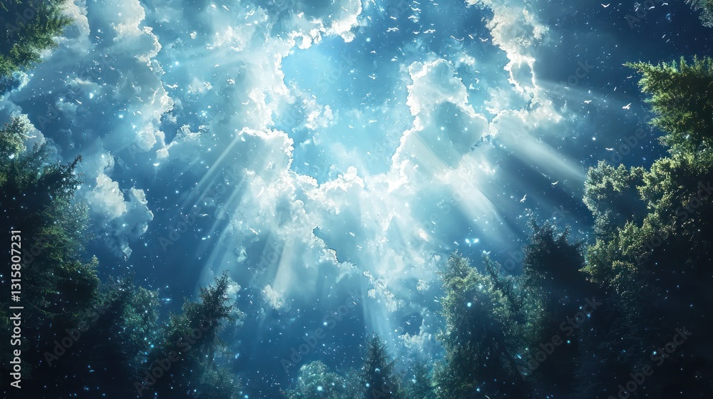 Obraz premium Enchanted Forest: Celestial Rays Illuminating a Mystical Woodscape