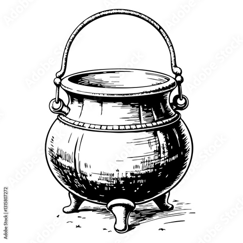Vintage cauldron sketch illustration in black and white  