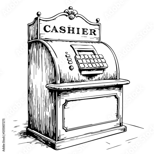 vintage cashier register sketch in black and white  