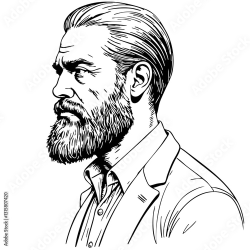 Vintage sketch of a serious man in a suit with a beard  