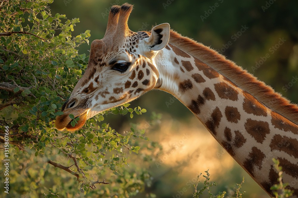 Elegant Giraffe Stretching Its Long Neck to Feed in a Sunlit Savanna