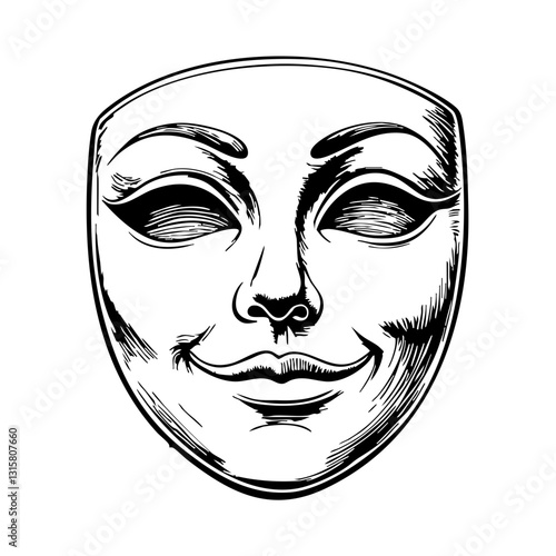 Vintage sketch of a smiling mask on a clean white background  