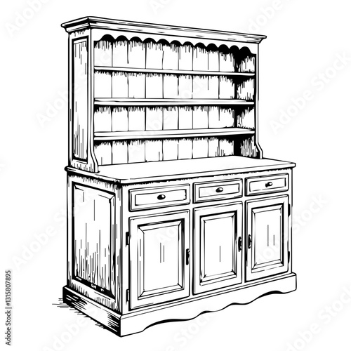 Vintage sketch of a rustic wooden cabinet with shelves  