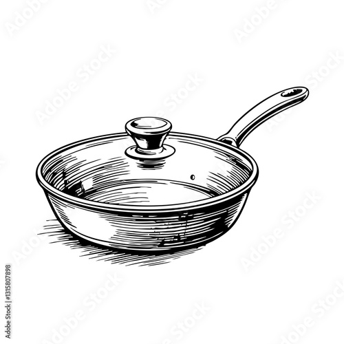 Vintage skillet sketch with lid and handle in black and white  