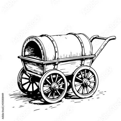 Vintage cart sketch with wooden barrel on wheels  