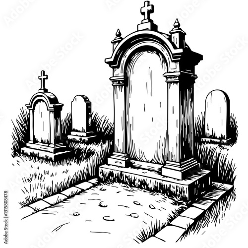Vintage Cemetery Sketch with Gravestones in Detailed Black and White  