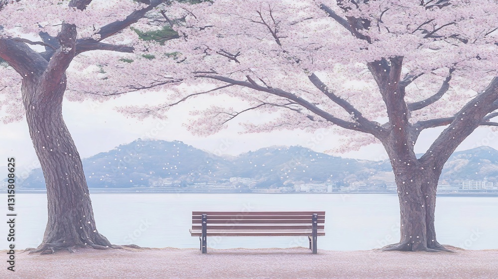 Serene lakeside bench, cherry blossoms, mountains, spring Serene lakeside bench, cherry blossoms, mountains, spring