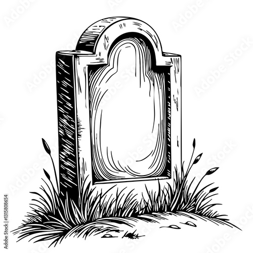 vintage grave sketch in black and white with grass  