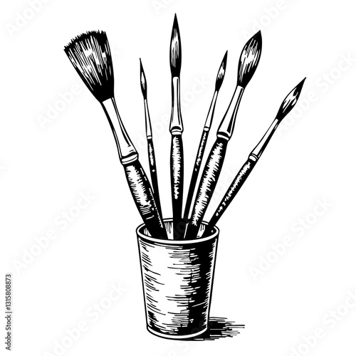 Vintage sketch of paintbrushes in a cup  