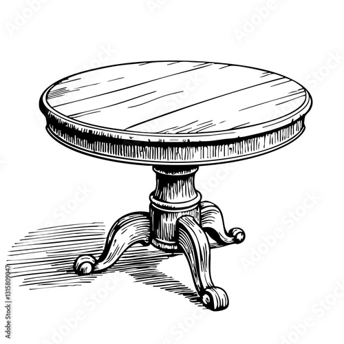 Vintage sketch of a round wooden table on a white background  