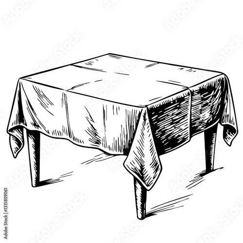 Vintage sketch of a tablecloth on a wooden table  