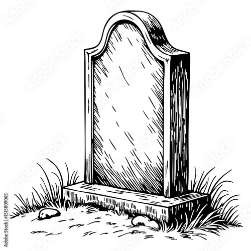 Vintage sketch of a blank tombstone surrounded by grass  