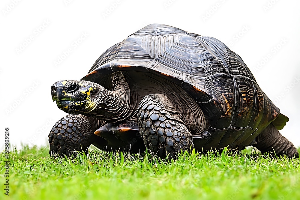 Fototapeta premium Large Tortoise On Green Grass Isolated On White Background
