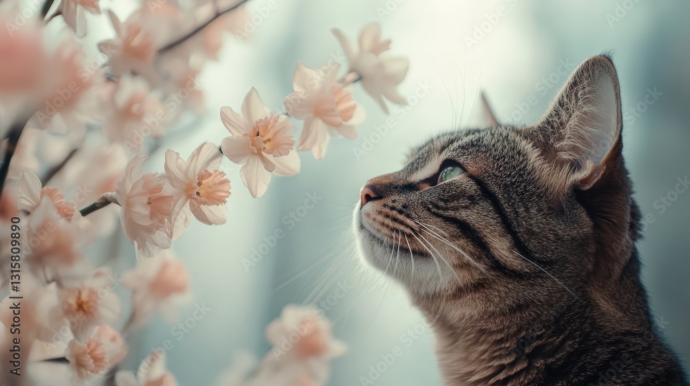 Fototapeta premium Cat curiously gazes at flowering branches with tulips in a tranquil, light-filled setting