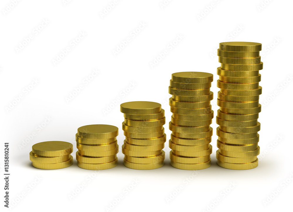 Golden coin stacks increasing in height Golden coin stacks increasing in height