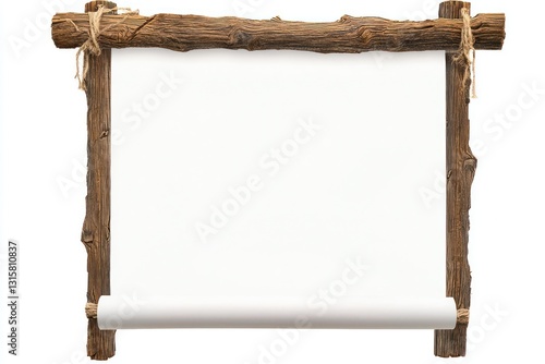 Chinese-style scroll poster, vertical white paper, bordered by rustic oak.