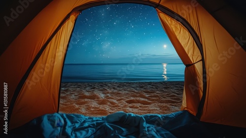 Starry night view from inside a beach tent. Perfect for travel, adventure, and relaxation themes.