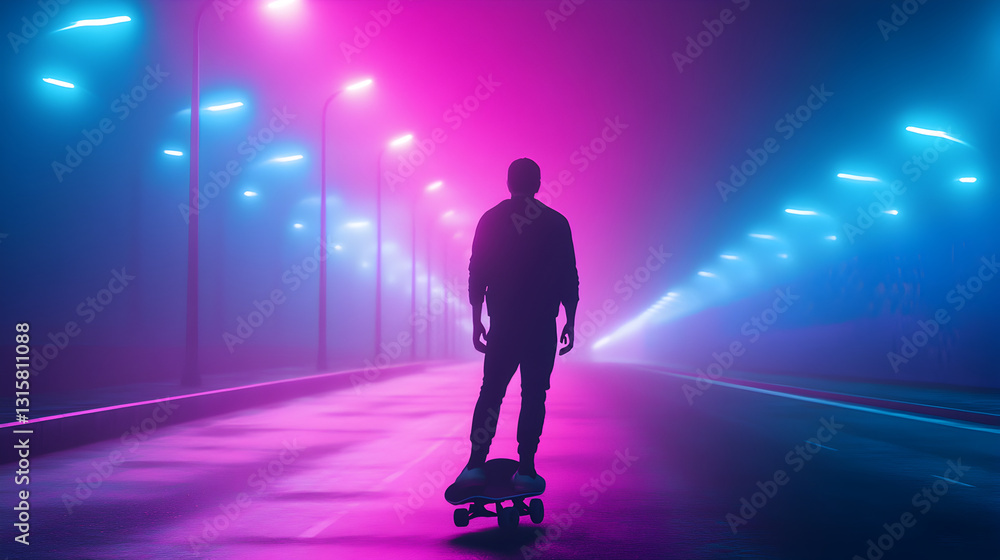 a skateboarder under neon streetlights with a retro aesthetic a skateboarder under neon streetlights with a retro aesthetic