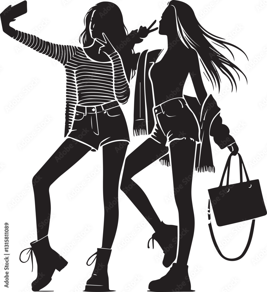 Naklejka premium Group of Friends woman silhouette vector, Group of Friends Walking Together vector illustration, Group of Friends woman silhouette vector black and white