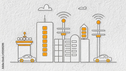 5G Network technology coverage. Urban cityscape illustration featuring buildings and vehicles with wireless signals.