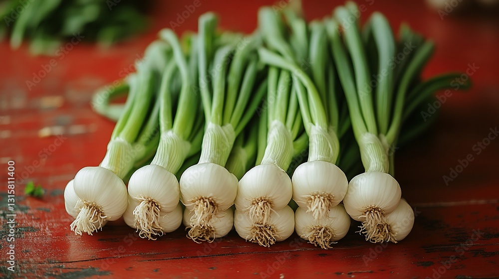 Fresh green onions bunch on red wooden table. Fresh green onions bunch on red wooden table.
