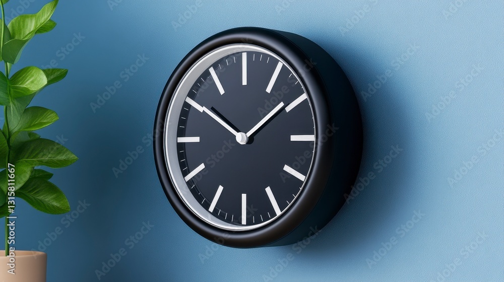 Modern Black Wall Clock on Blue Background with Green Plant Modern Black Wall Clock on Blue Background with Green Plant