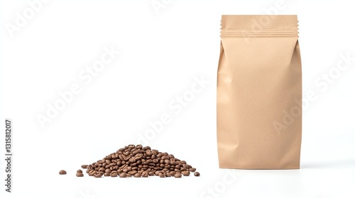 A package of coffee beans on a white isolated background, showcasing a brown paper bag alongside scattered coffee beans, representing freshness and quality. photo