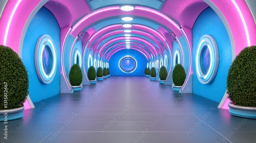 Futuristic hallway with vibrant neon lights and circular windows Futuristic hallway with vibrant neon lights and circular windows