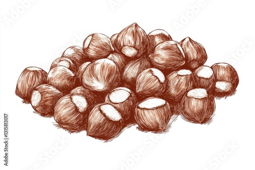 Hand-Drawn Illustration of Raw Hazelnuts Piled on White Background