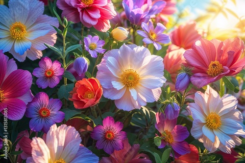 Lush Floral Background Featuring Beautiful Petals and Bright Summer Sunlight