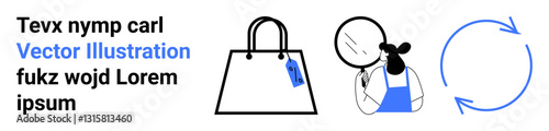 Shopping bag with tag symbolizing retail, woman examining product for details, and recycling arrows for sustainability. Ideal for retail, e-commerce, branding, eco-friendly themes, quality control