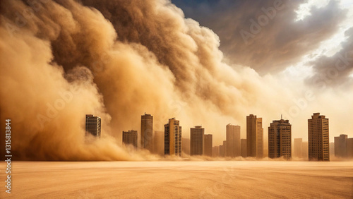 sandstorm engulfs desert city, reducing visibility and creating dramatic scene. towering buildings are partially obscured by swirling dust