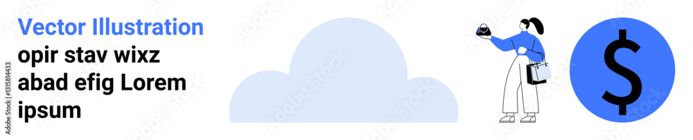 Woman holding coffee cup with briefcase near cloud and dollar sign in blue. Ideal for finance, technology, savings, cloud services, minimalism, innovation, flat landing page banner Woman holding coffee cup with briefcase near cloud and dollar sign in blue. Ideal for finance, technology, savings, cloud services, minimalism, innovation, flat landing page banner