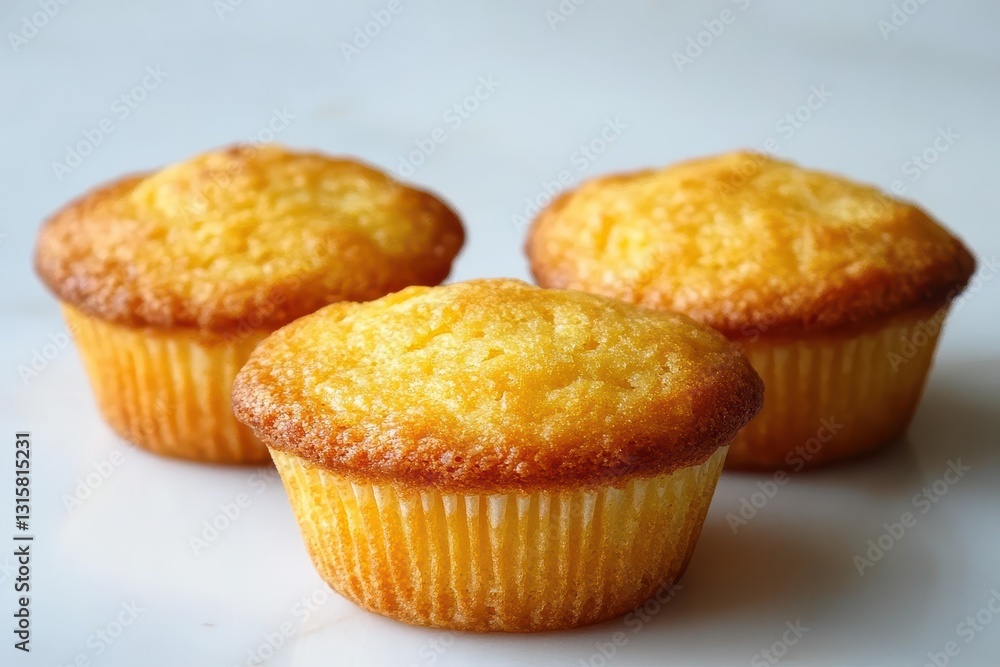 Delicious Homemade Corn Muffins on White Marble Surface Delicious Homemade Corn Muffins on White Marble Surface
