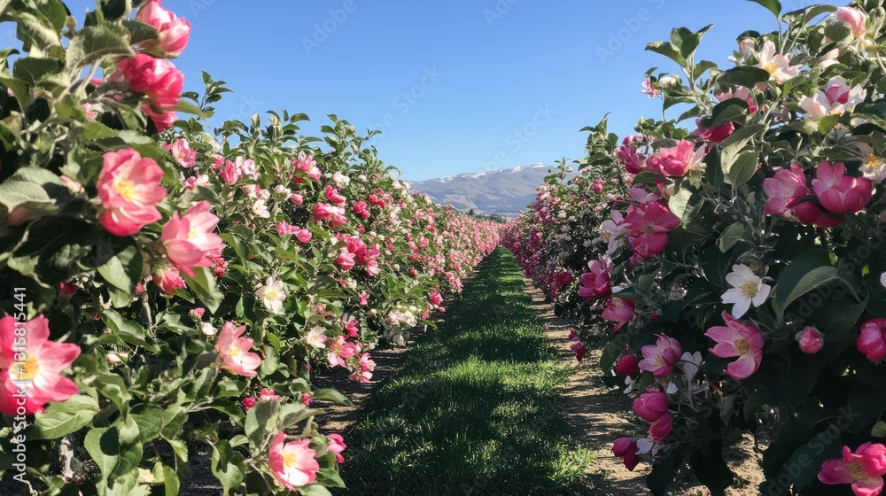 Obraz premium Blooming apple orchard vista with pink blossoms under a clear blue sky