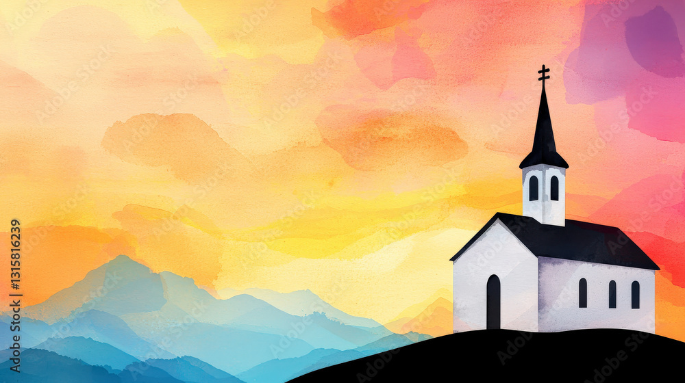 Naklejka premium A serene watercolor painting of a church atop a hill, set against a vibrant sunset sky with mountains in the background.