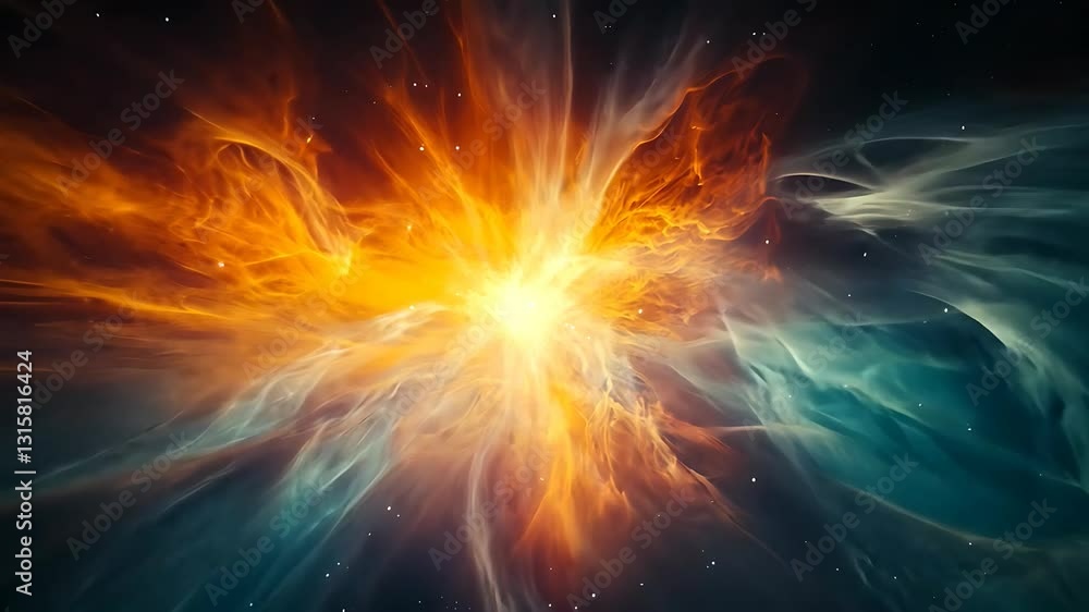 A vibrant explosion of orange and blue hues, capturing the beauty of cosmic energy and swirling gases in deep space.