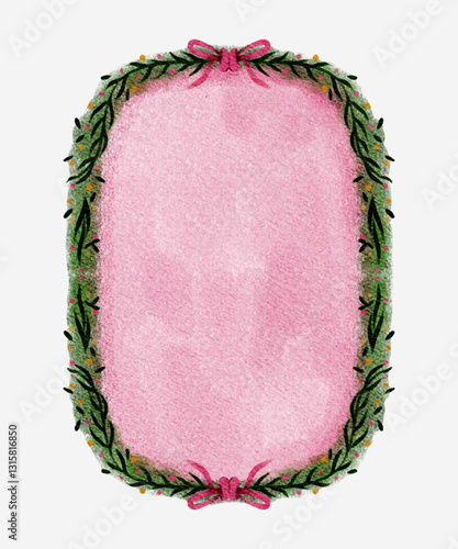 Floral crest and ribbon ornament for wedding, or christmas ornament. hand drawn illustration, floral frame