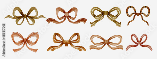 hand drawn watercolor brown bows ribbons collection.