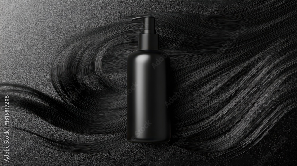 Fototapeta premium Black pump bottle on sleek black hair. Ideal for shampoo, conditioner, or haircare ads, evokes luxury and smoothness.