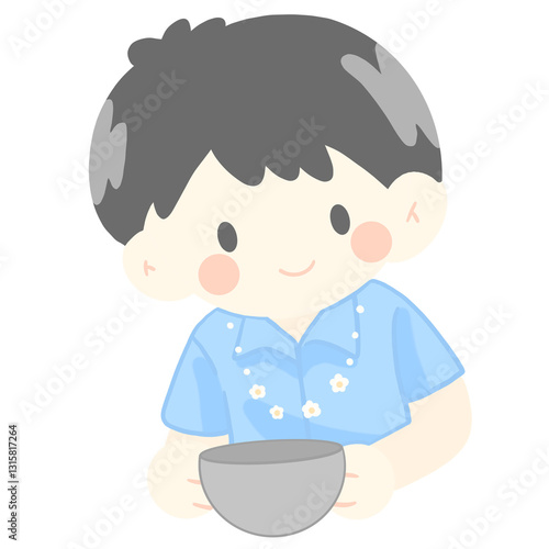 A boy with water bowl in Songkran festival