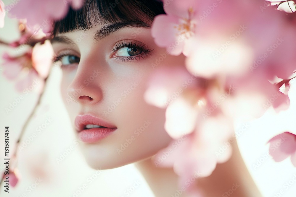Spring mood, morning rays and fog. Gorgeous caucasian young woman surrounded by cherry blossoms. Commercial marketing idea. Woman in spring flowers with bright style. Spring mood, morning rays and fog. Gorgeous caucasian young woman surrounded by cherry blossoms. Commercial marketing idea. Woman in spring flowers with bright style.